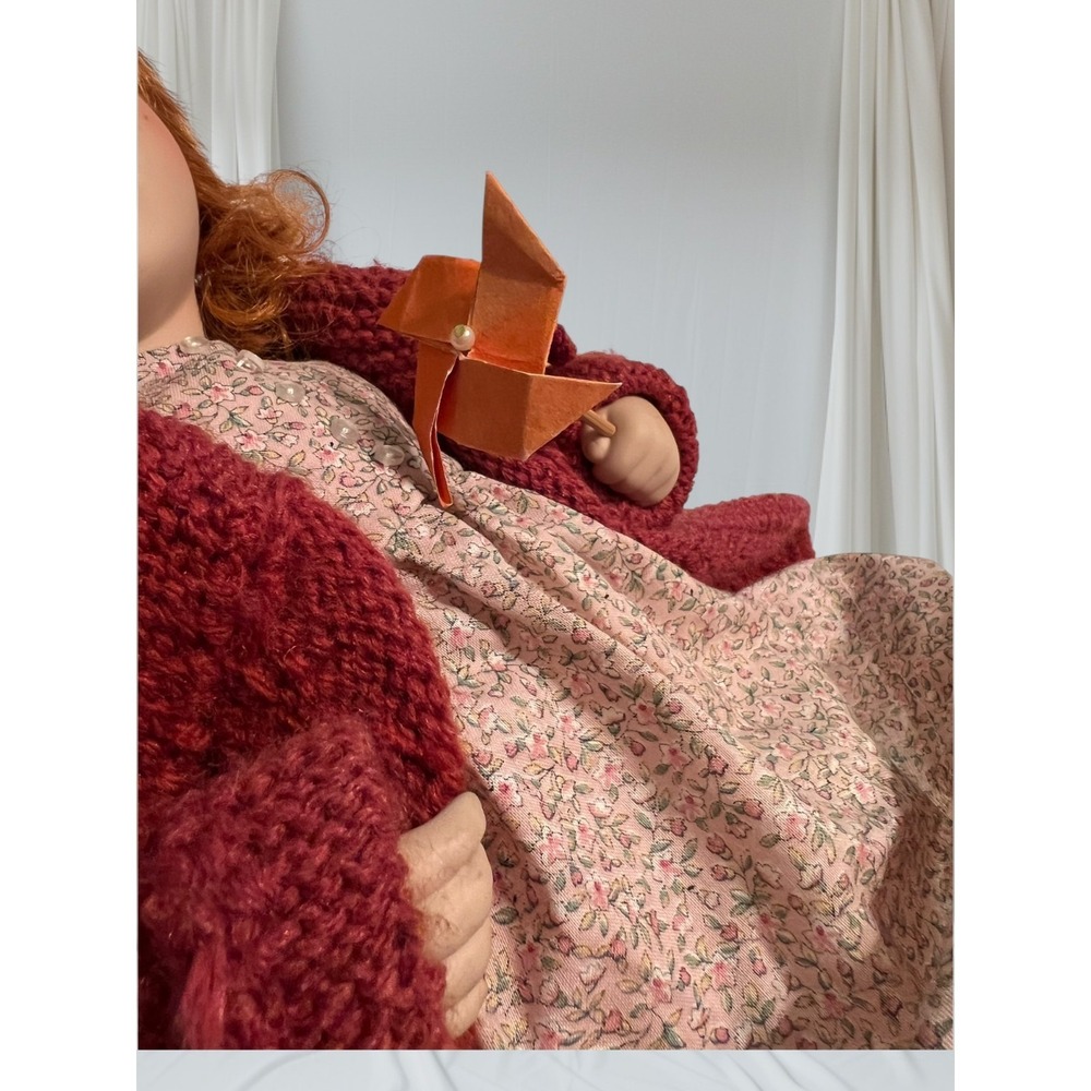 Vintage Porcelain Doll Red Hair, Floral Dress, Knit Sweater, Hat & Pinwheel - Picture 5 of 10